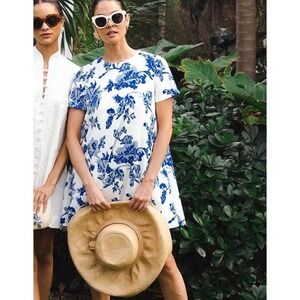 Mestiza Cecily Blue White Floral Toile Bow Back Mini Shift Dress XL Bump